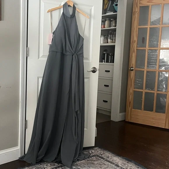 NWT Jenny Yoo Elliya Morning Slate Gray Halter high slit Bridesmaid Dress Sz 18 - Picture 5 of 13